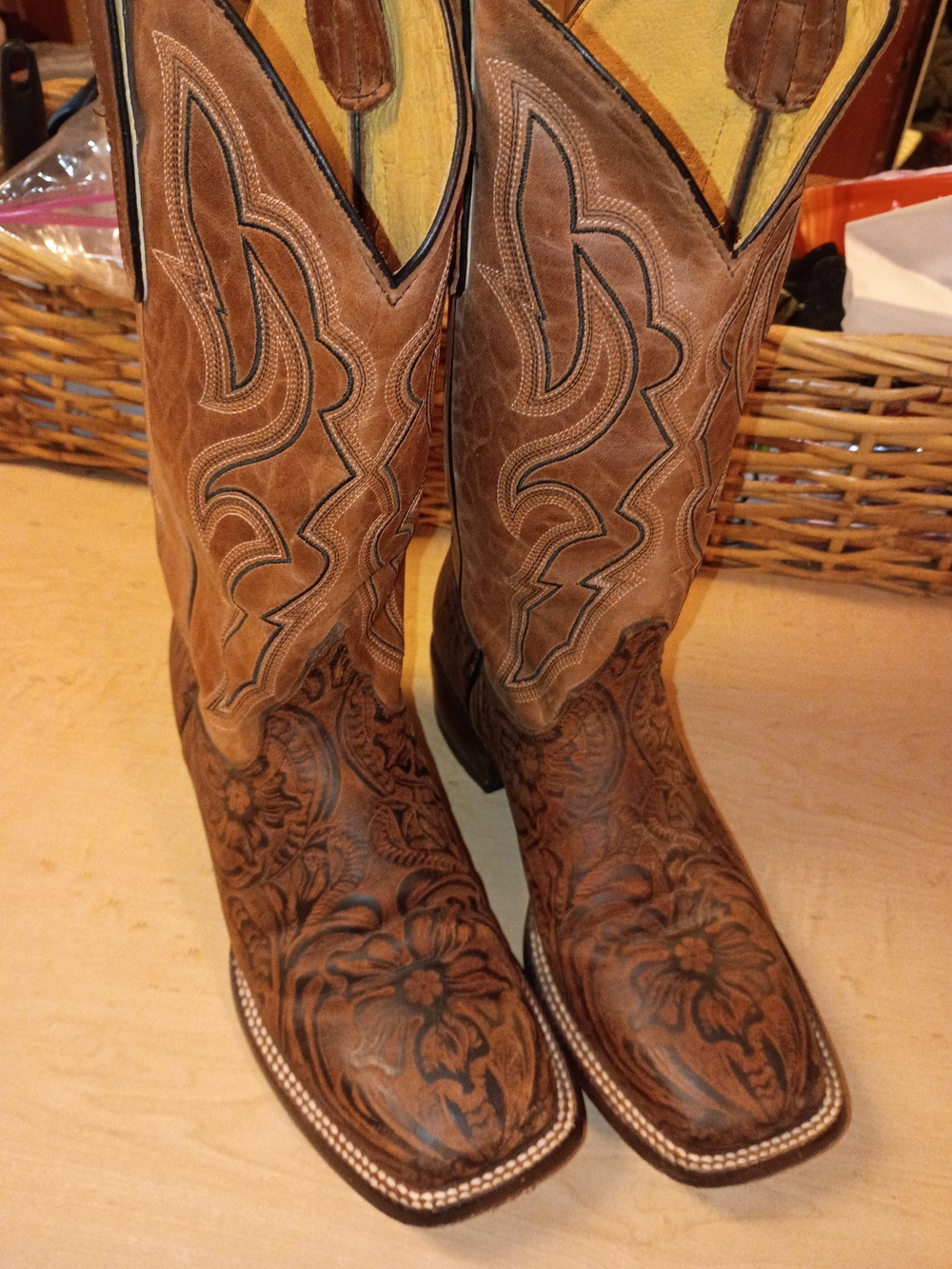 Brown Tooled Leather Cowboy Boots